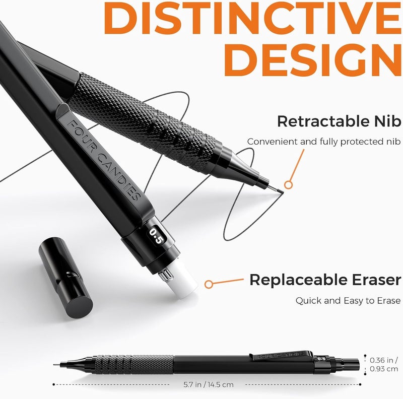 Four Candies 2PCS Metal Mechanical Pencils Set with Case, 0.5mm & 0.7 mm Artist Pencil with 6 Tubes (360PCS) HB Lead Refills, 3 Erasers,9 Eraser Refills For Writing Drafting, Drawing, Black - Image 2